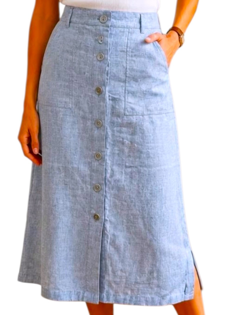 Talbots Light Blue Button-Front Linen Midi Skirt